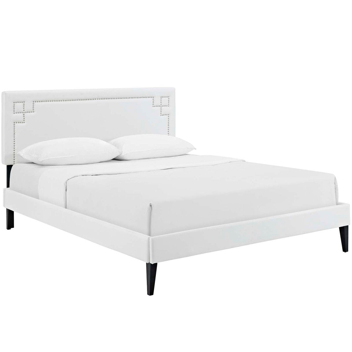 Queen Mid - Century Modern Upholstered Vinyl Platform Bed in White - Platform Bed available at Alpine Outlets in Denver