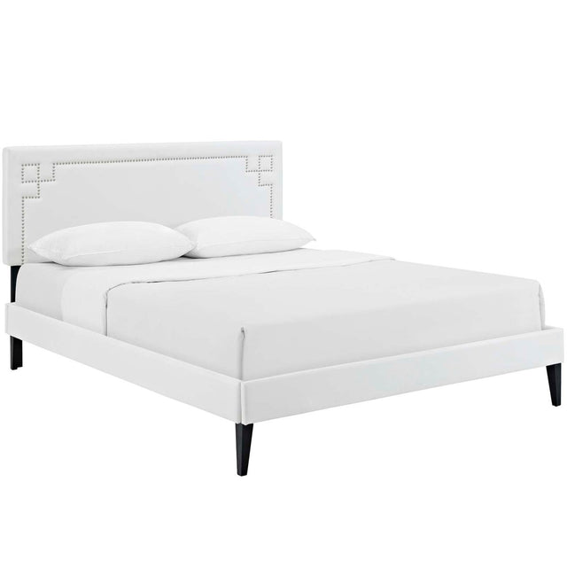 Queen Mid - Century Modern Upholstered Vinyl Platform Bed in White - Platform Bed available at Alpine Outlets in Denver