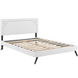 Queen Mid - Century Modern Upholstered Vinyl Platform Bed with Round Splayed Legs in White - Platform Bed available at Alpine Outlets in Denver