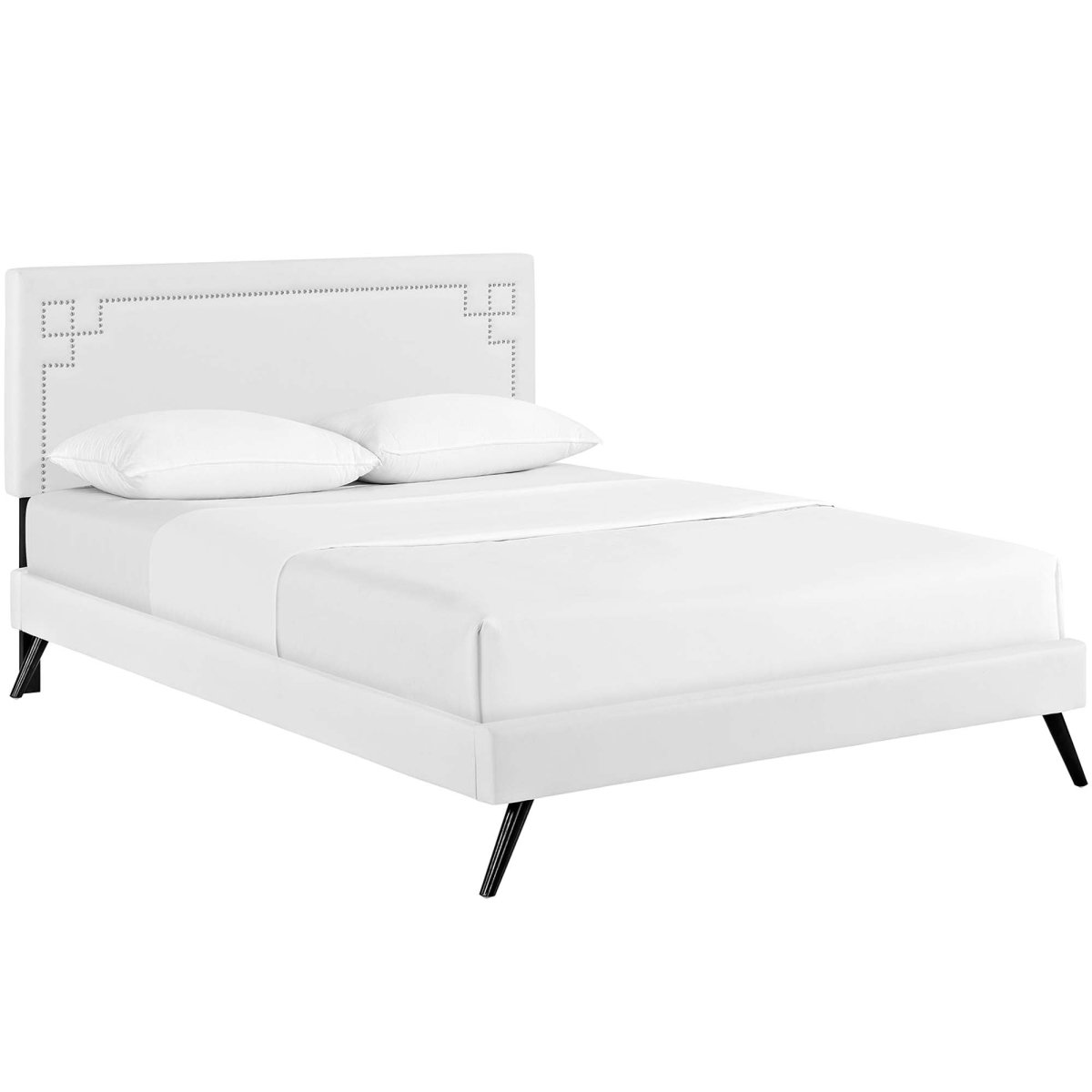 Queen Mid - Century Modern Upholstered Vinyl Platform Bed with Round Splayed Legs in White - Platform Bed available at Alpine Outlets in Denver