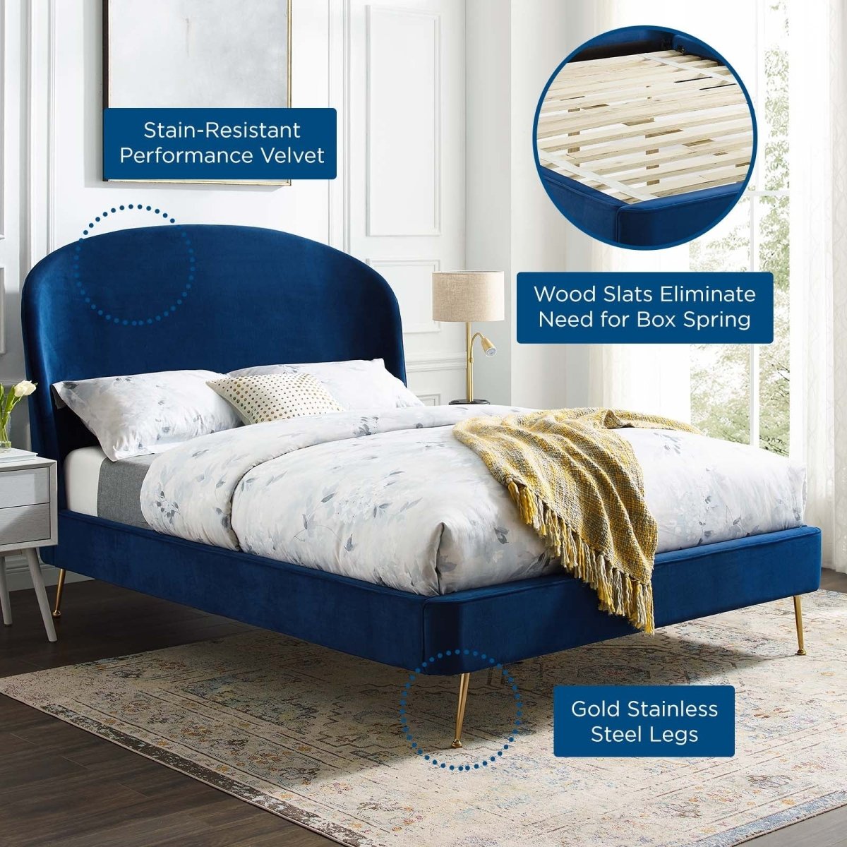 Queen Performance Velvet Platform Bed with Brushed Gold Splayed Legs in Navy - Platform Bed available at Alpine Outlets in Denver