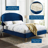 Queen Performance Velvet Platform Bed with Brushed Gold Splayed Legs in Navy - Platform Bed available at Alpine Outlets in Denver