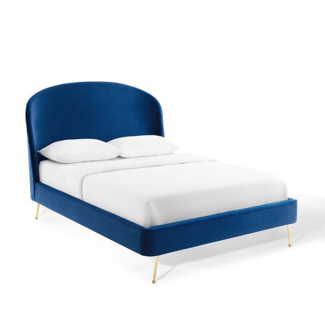 Queen Performance Velvet Platform Bed with Brushed Gold Splayed Legs in Navy - Platform Bed available at Alpine Outlets in Denver