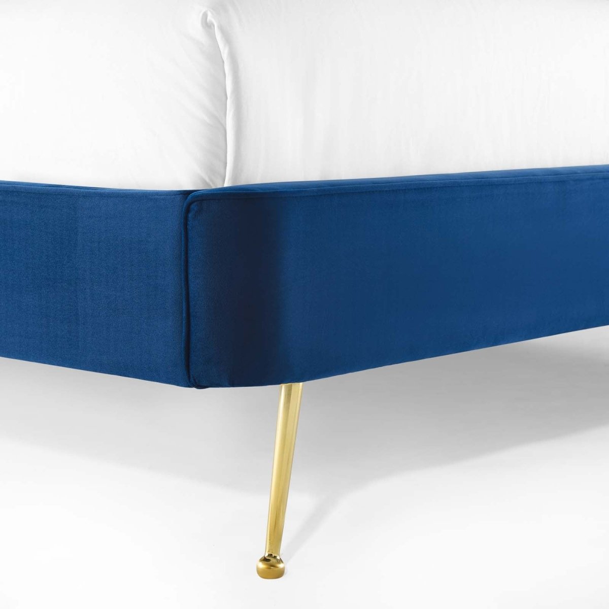 Queen Performance Velvet Platform Bed with Brushed Gold Splayed Legs in Navy - Platform Bed available at Alpine Outlets in Denver