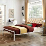 Queen Tufted Button Vinyl and Steel Platform Bed in White Champagne - Platform Bed available at Alpine Outlets in Denver