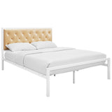 Queen Tufted Button Vinyl and Steel Platform Bed in White Champagne - Platform Bed available at Alpine Outlets in Denver