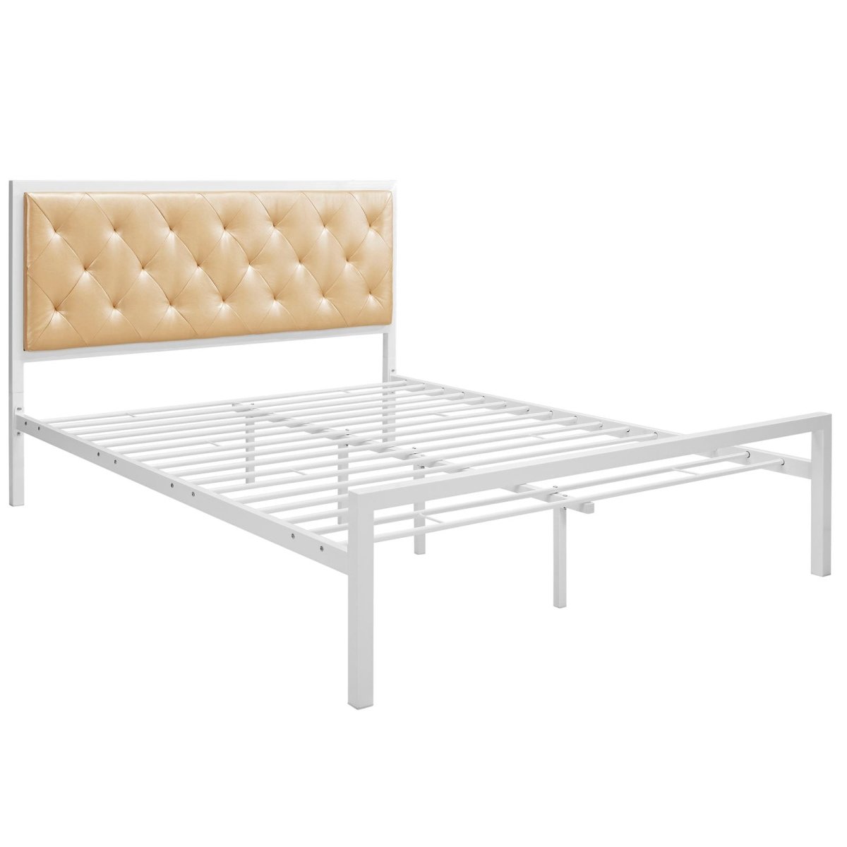 Queen Tufted Button Vinyl and Steel Platform Bed in White Champagne - Platform Bed available at Alpine Outlets in Denver