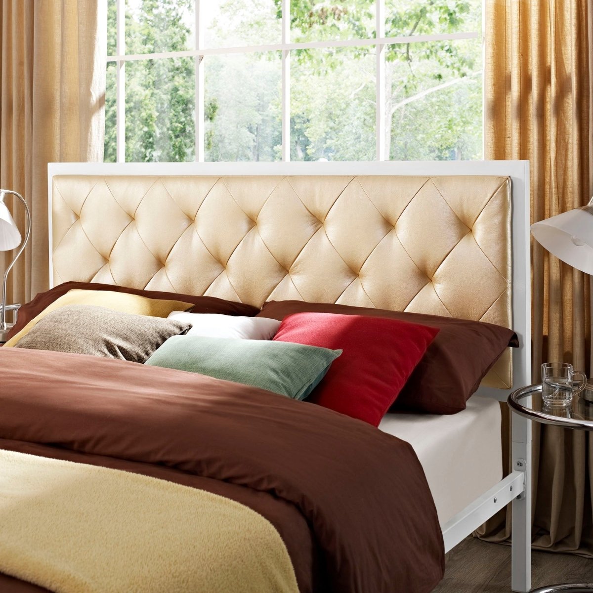 Queen Tufted Button Vinyl and Steel Platform Bed in White Champagne - Platform Bed available at Alpine Outlets in Denver