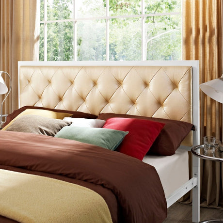 Queen Tufted Button Vinyl and Steel Platform Bed in White Champagne - Platform Bed available at Alpine Outlets in Denver