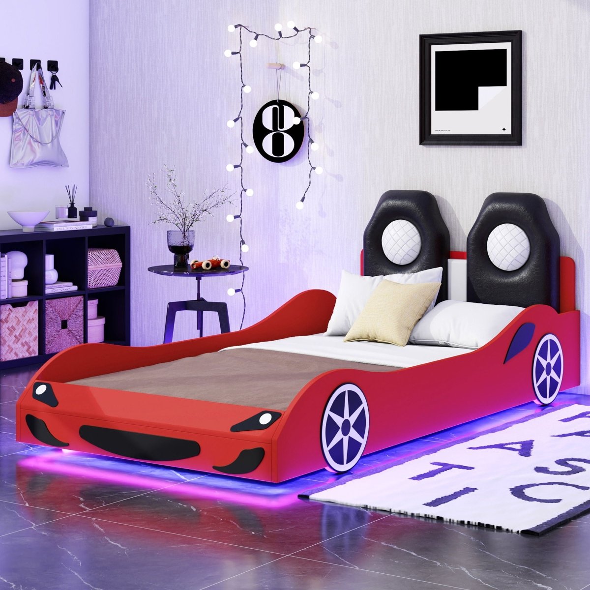 Race Car Shaped Platform Bed With LED And Upholstered Backrest In - Car Beds available at Alpine Outlets in Denver