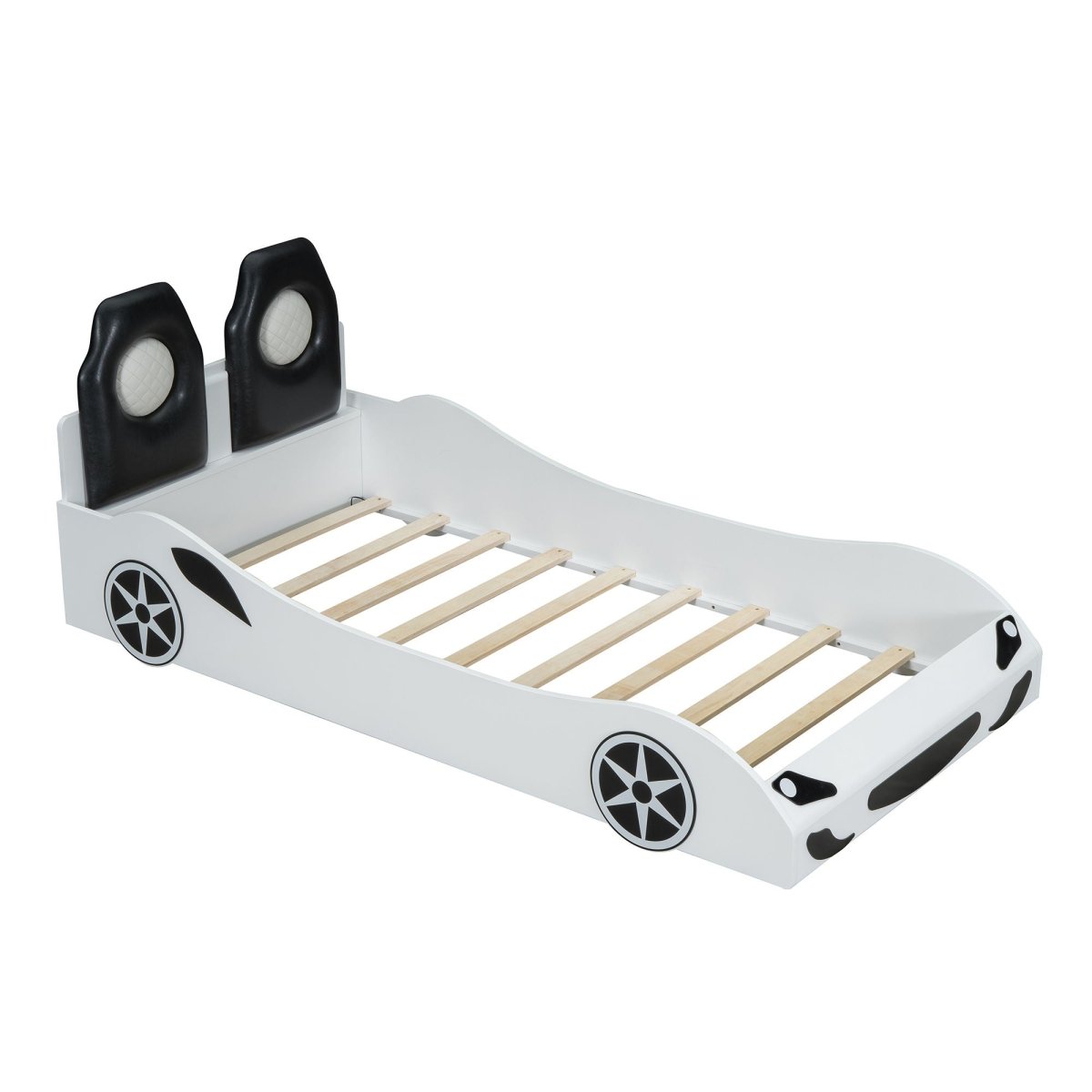 Race Car Shaped Platform Bed With LED And Upholstered Backrest In - Car Beds available at Alpine Outlets in Denver