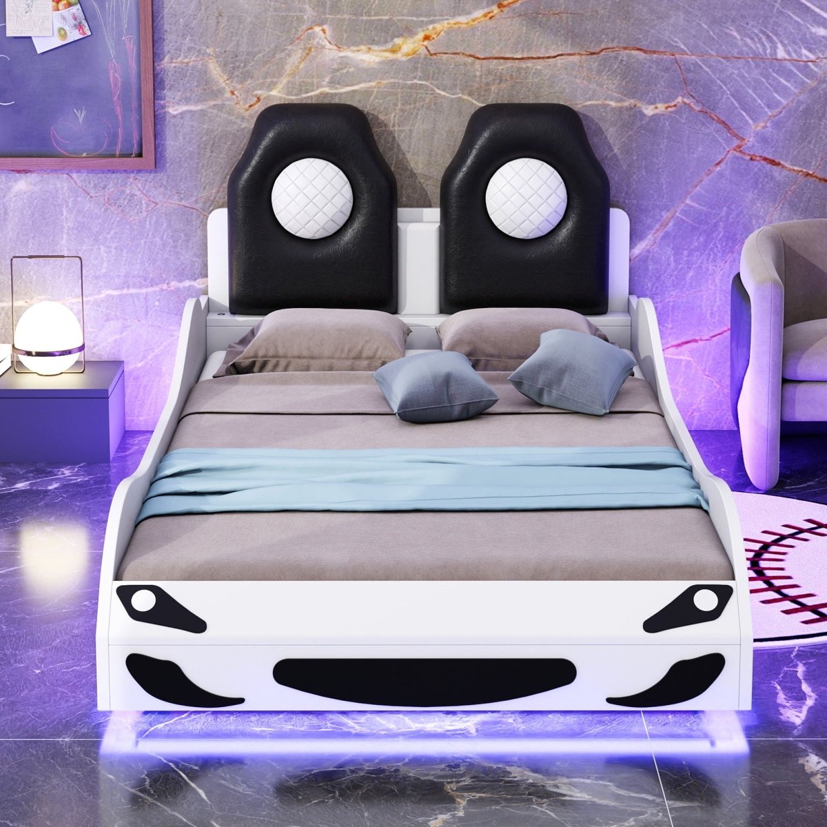 Race Car Shaped Platform Bed With LED And Upholstered Backrest In - Car Beds available at Alpine Outlets in Denver