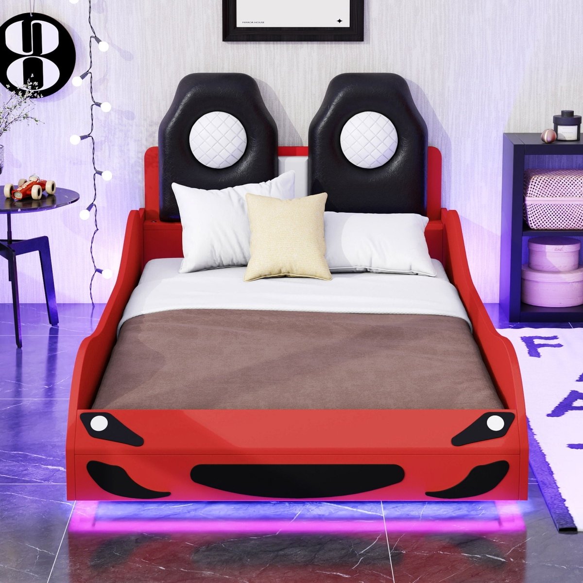 Race Car Shaped Platform Bed With LED And Upholstered Backrest In - Car Beds available at Alpine Outlets in Denver