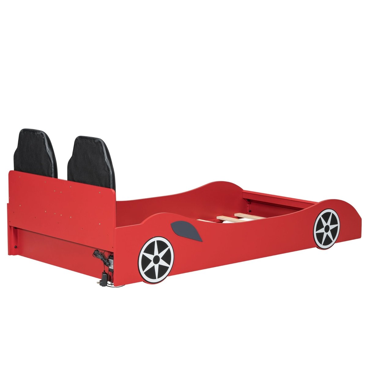 Race Car Shaped Platform Bed With LED And Upholstered Backrest In - Car Beds available at Alpine Outlets in Denver