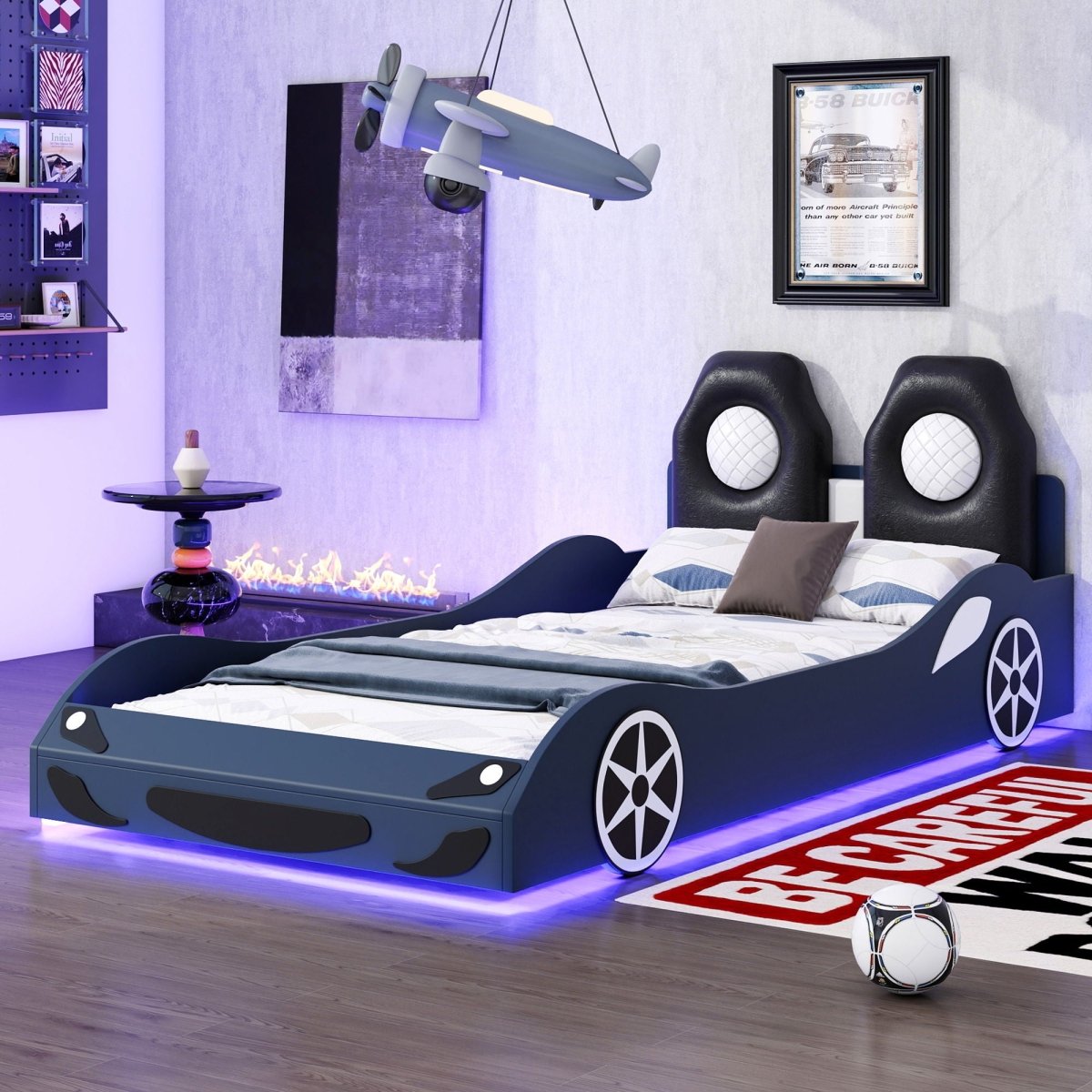 Race Car Shaped Platform Bed With LED And Upholstered Backrest In - Car Beds available at Alpine Outlets in Denver