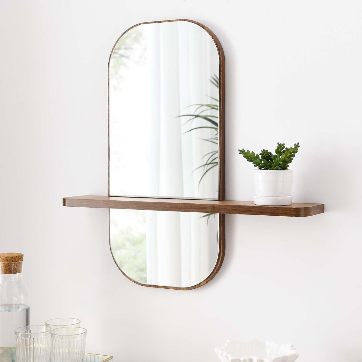 24" Walnut Rectangular Wall Mirror with Shelf - Mirrors - Alpine Outlets