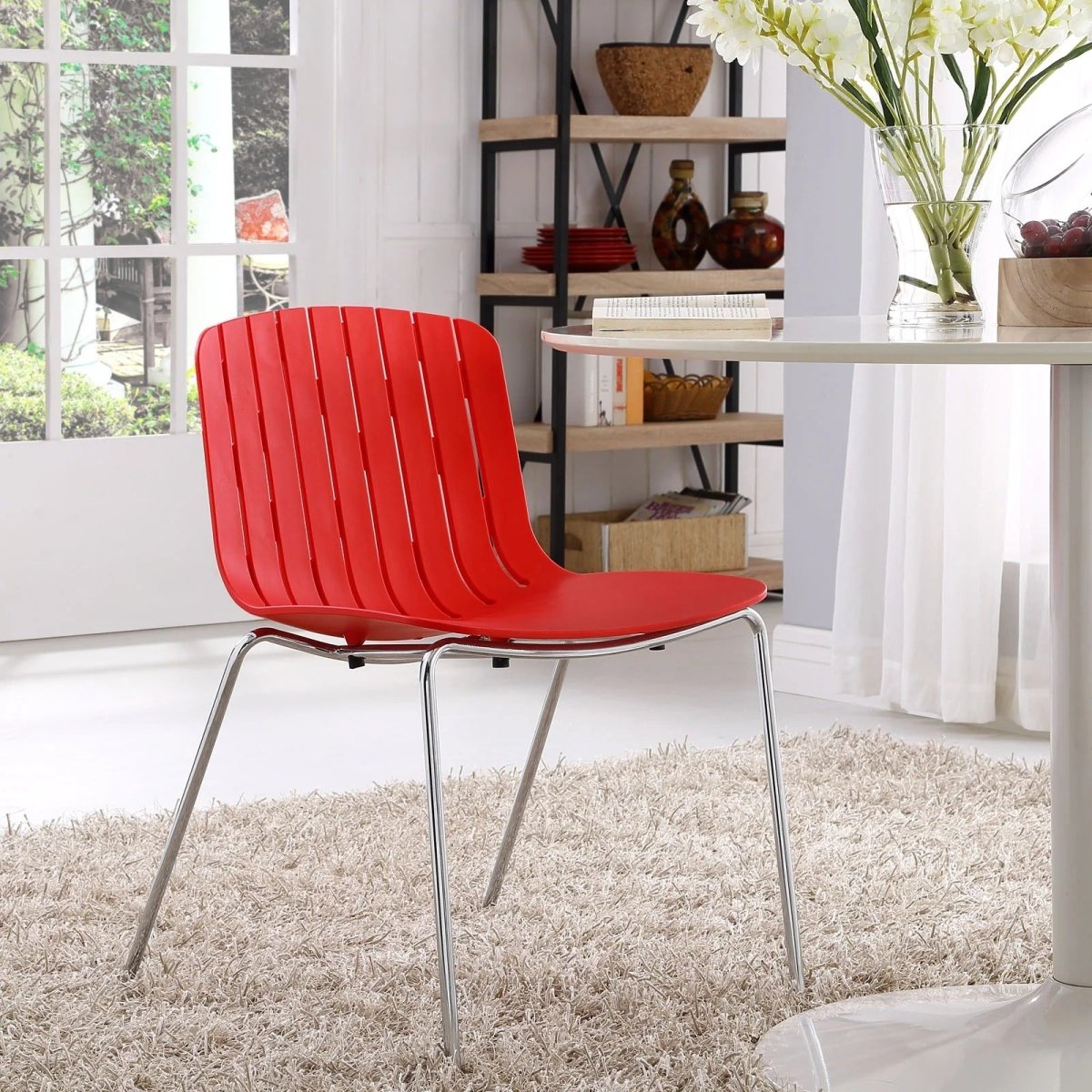 Red Stackable Molded Plastic Dining Side Chair with Chrome Base - Dining Chairs available at Alpine Outlets in Denver