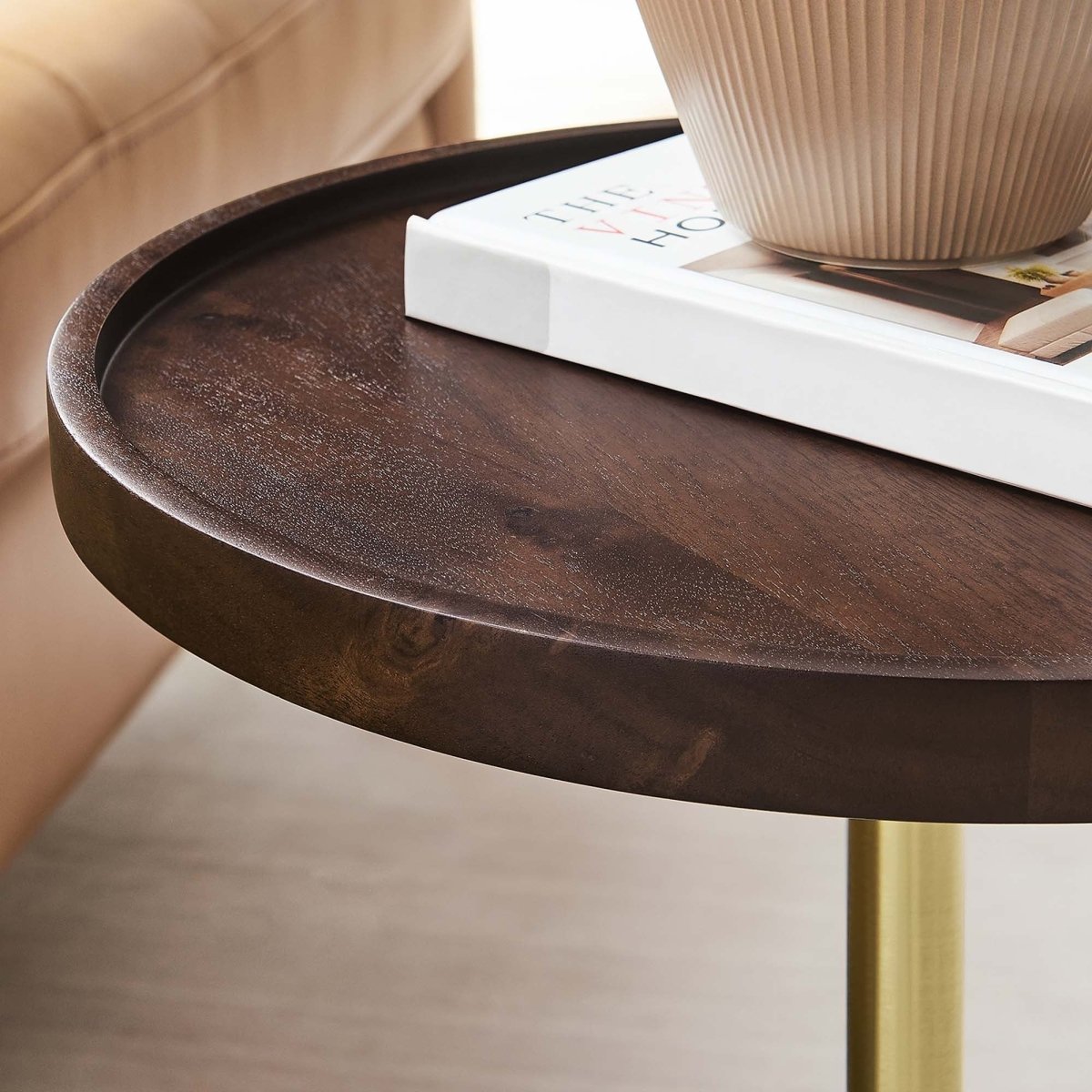 Round Acacia Wood Side Table with Marble Base – 14 Inch - End & Side Tables available at Alpine Outlets in Denver