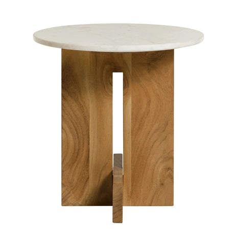 Round Marble Top Side Table with Acacia Wood Base – 18 Inch - End & Side Tables available at Alpine Outlets in Denver