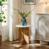 Round Marble Top Side Table with Acacia Wood Base – 18 Inch - End & Side Tables available at Alpine Outlets in Denver