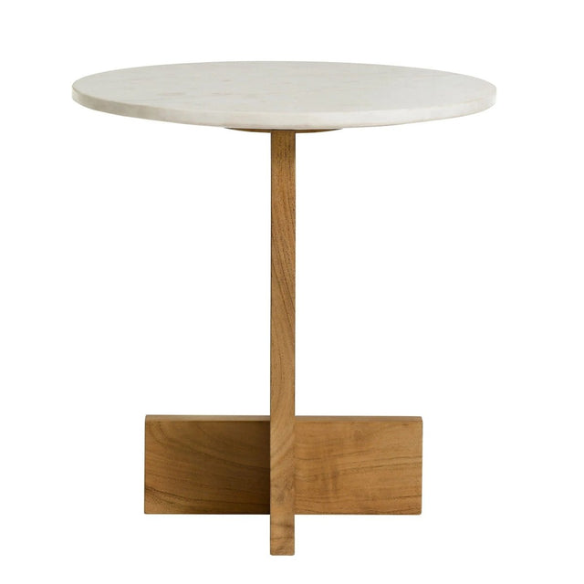 Round Marble Top Side Table with Acacia Wood Base – 18 Inch - End & Side Tables available at Alpine Outlets in Denver