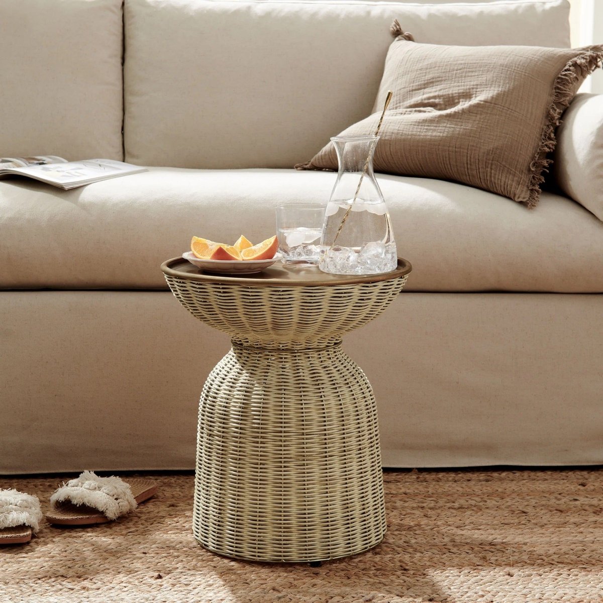 Round Rattan Side Table with Metal Tray – Brass Natural 17 Inch - End & Side Tables available at Alpine Outlets in Denver