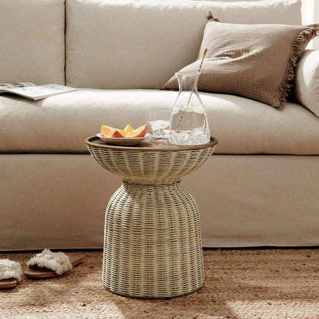 Round Rattan Side Table with Metal Tray – Brass Natural 17 Inch - End & Side Tables available at Alpine Outlets in Denver