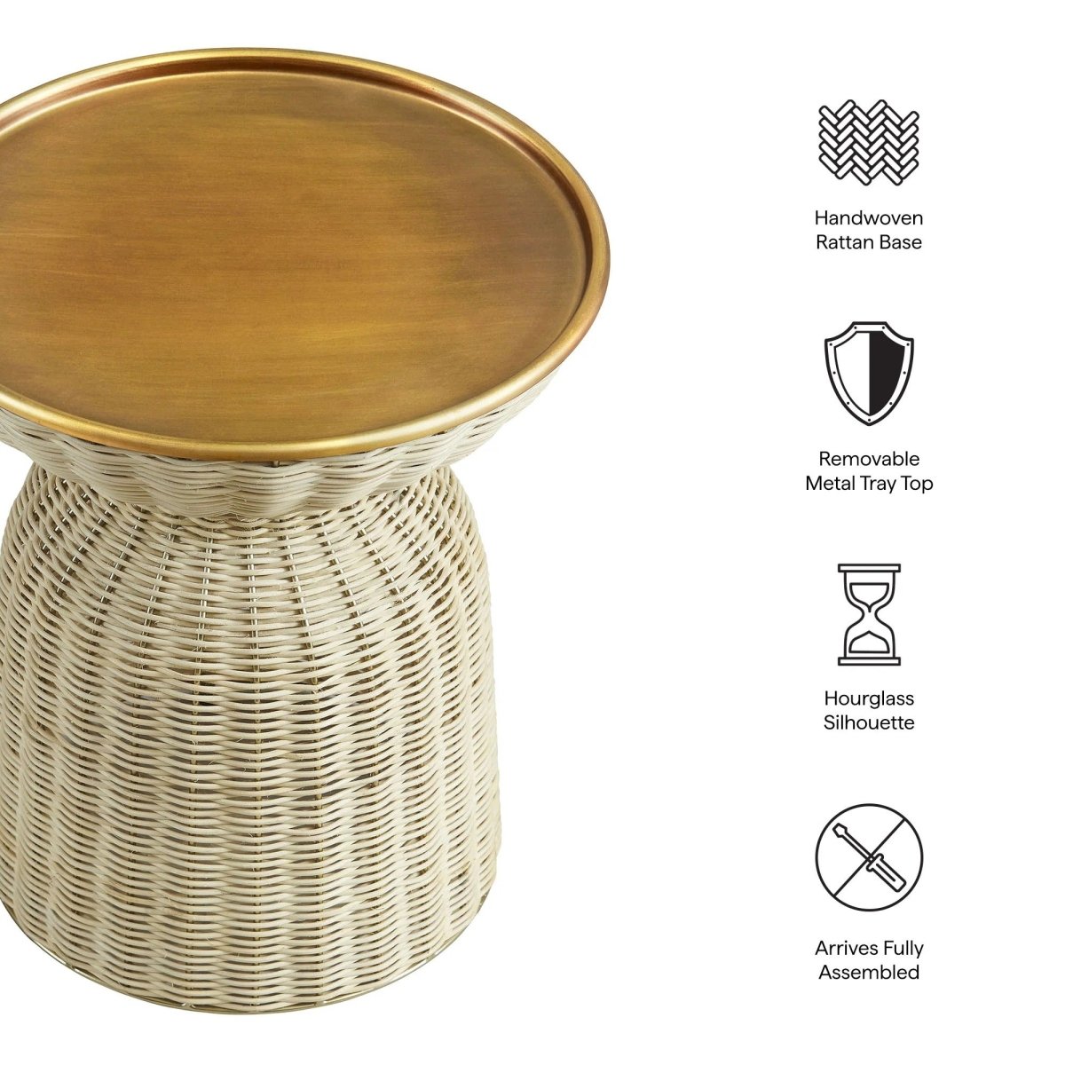 Round Rattan Side Table with Metal Tray – Brass Natural 17 Inch - End & Side Tables available at Alpine Outlets in Denver