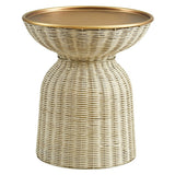 Round Rattan Side Table with Metal Tray – Brass Natural 17 Inch - End & Side Tables available at Alpine Outlets in Denver