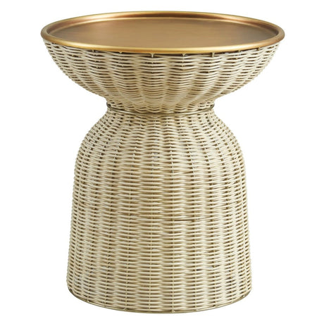 Round Rattan Side Table with Metal Tray – Brass Natural 17 Inch - End & Side Tables available at Alpine Outlets in Denver