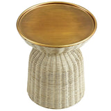Round Rattan Side Table with Metal Tray – Brass Natural 17 Inch - End & Side Tables available at Alpine Outlets in Denver