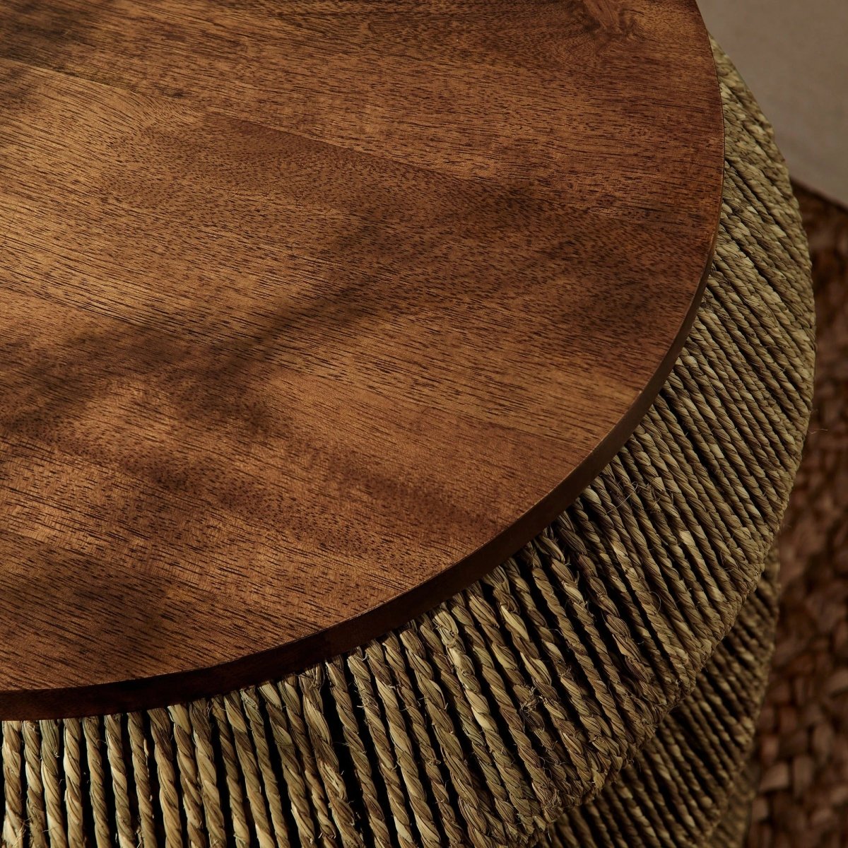 Round Seagrass and Wood Side Table Drum Design – 18 Inch - End & Side Tables available at Alpine Outlets in Denver