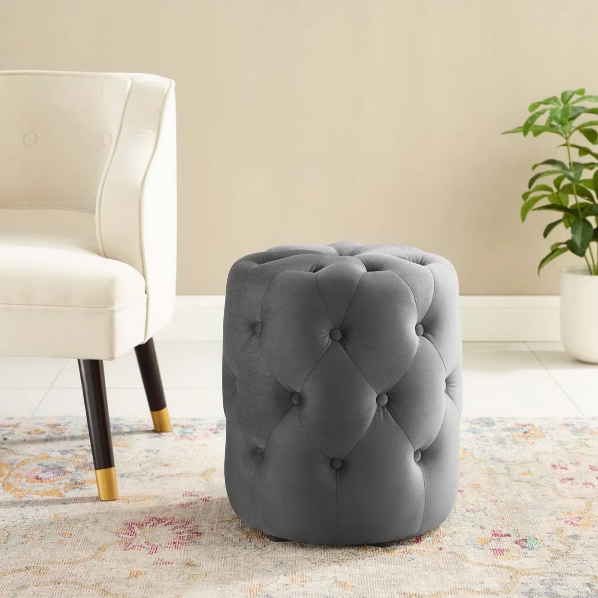 Round Tufted Velvet Ottoman – Upholstered Accent 16 Inch - Ottomans available at Alpine Outlets in Denver
