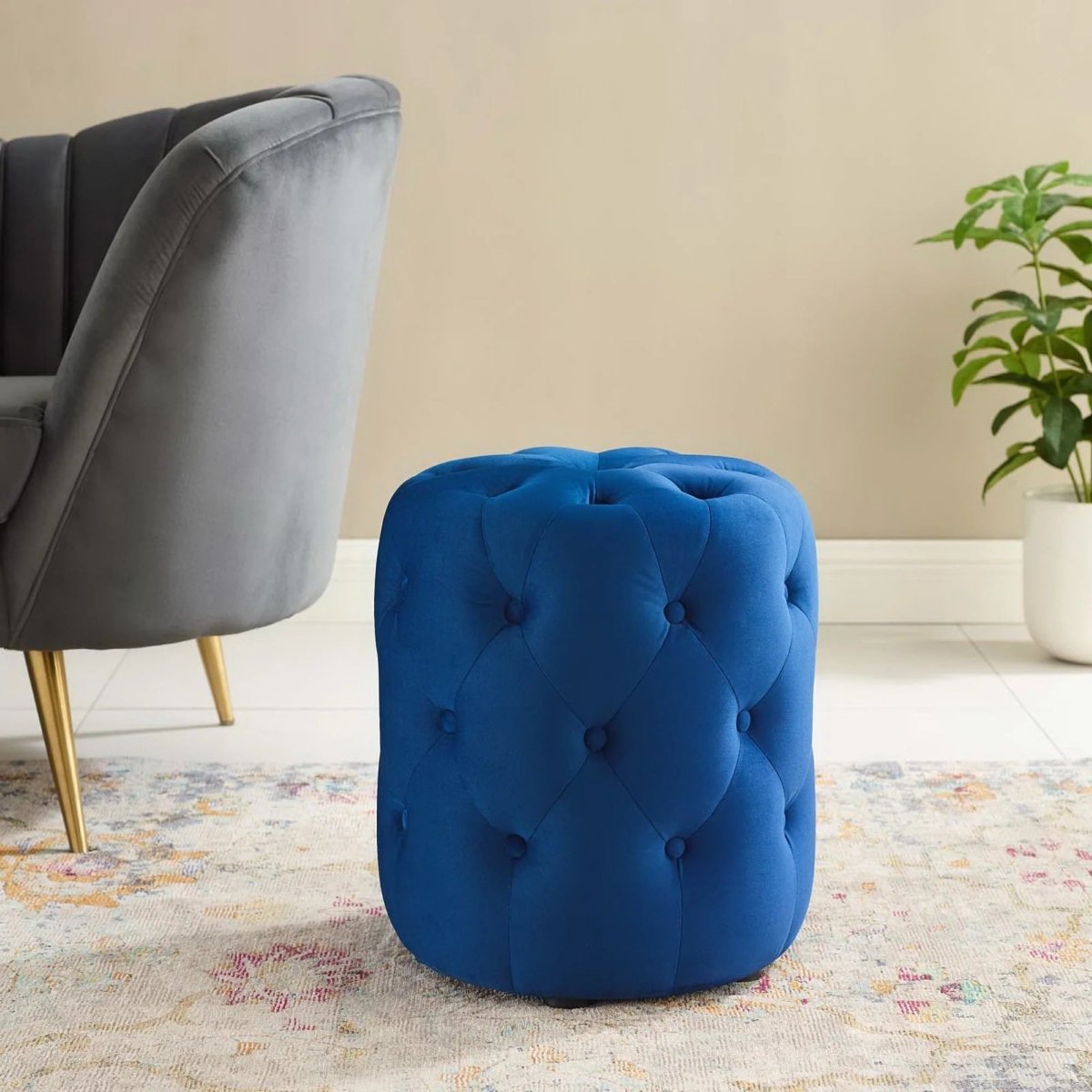 Round Tufted Velvet Ottoman – Upholstered Accent 16 Inch - Ottomans available at Alpine Outlets in Denver
