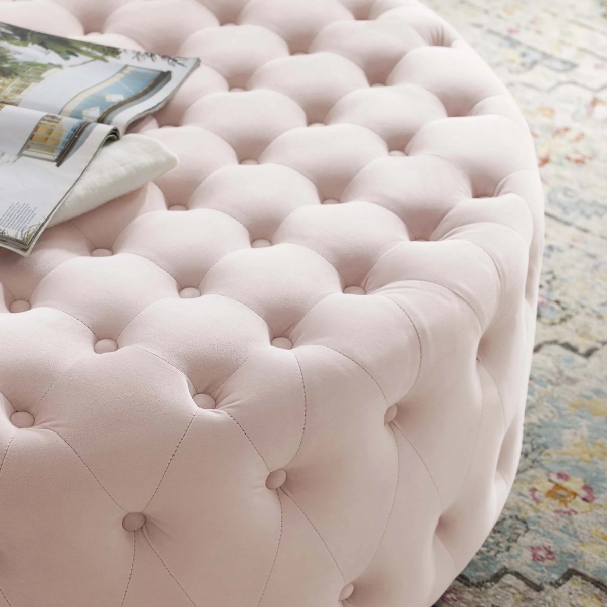 Round Tufted Velvet Ottoman with Gold Base – 40 Inch - Ottomans available at Alpine Outlets in Denver