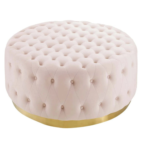 Round Tufted Velvet Ottoman with Gold Base – 40 Inch - Ottomans available at Alpine Outlets in Denver