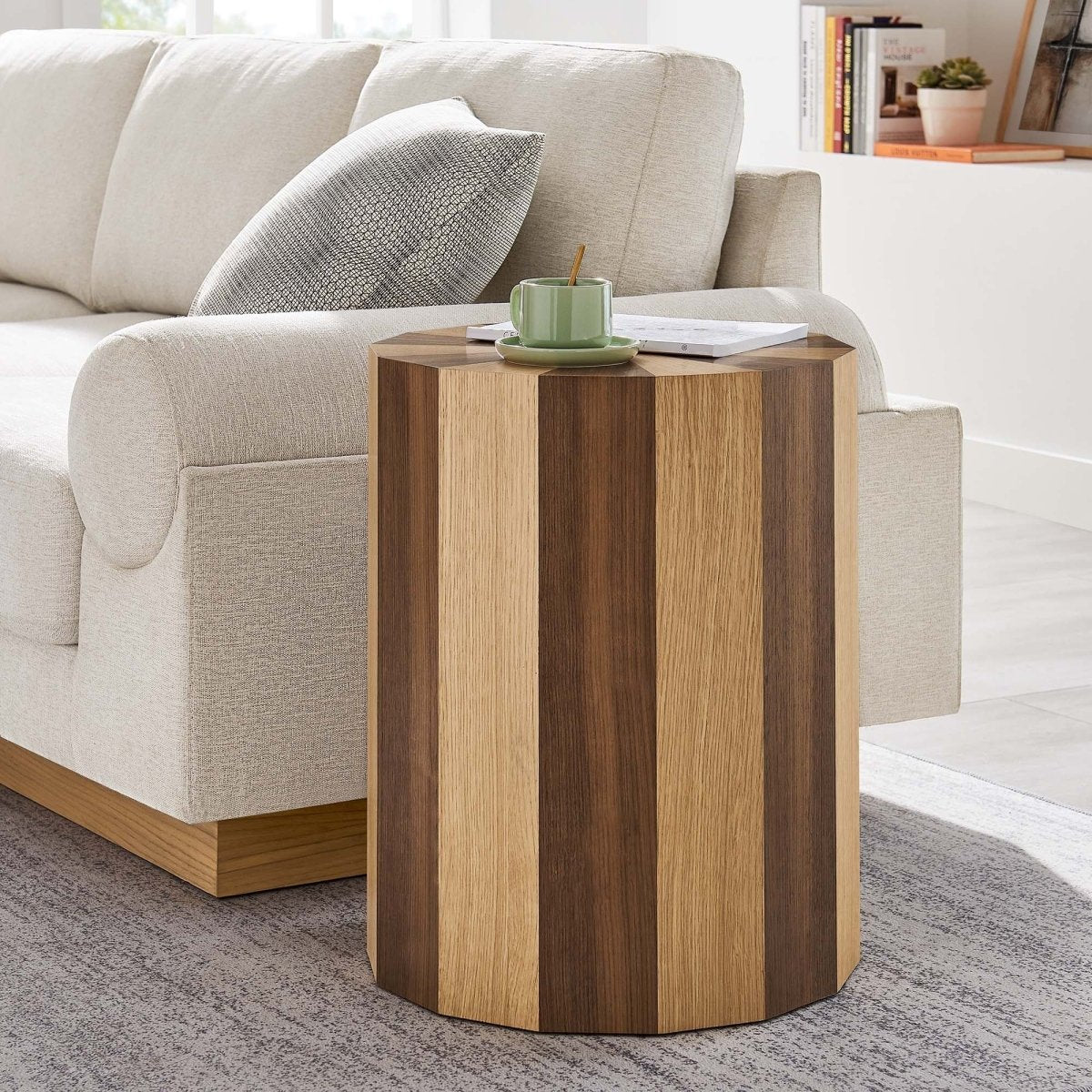 Round Two Tone Wood Veneer Side Table – Oak Walnut 18 Inch - End & Side Tables available at Alpine Outlets in Denver
