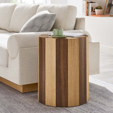 Round Two Tone Wood Veneer Side Table – Oak Walnut 18 Inch - End & Side Tables available at Alpine Outlets in Denver