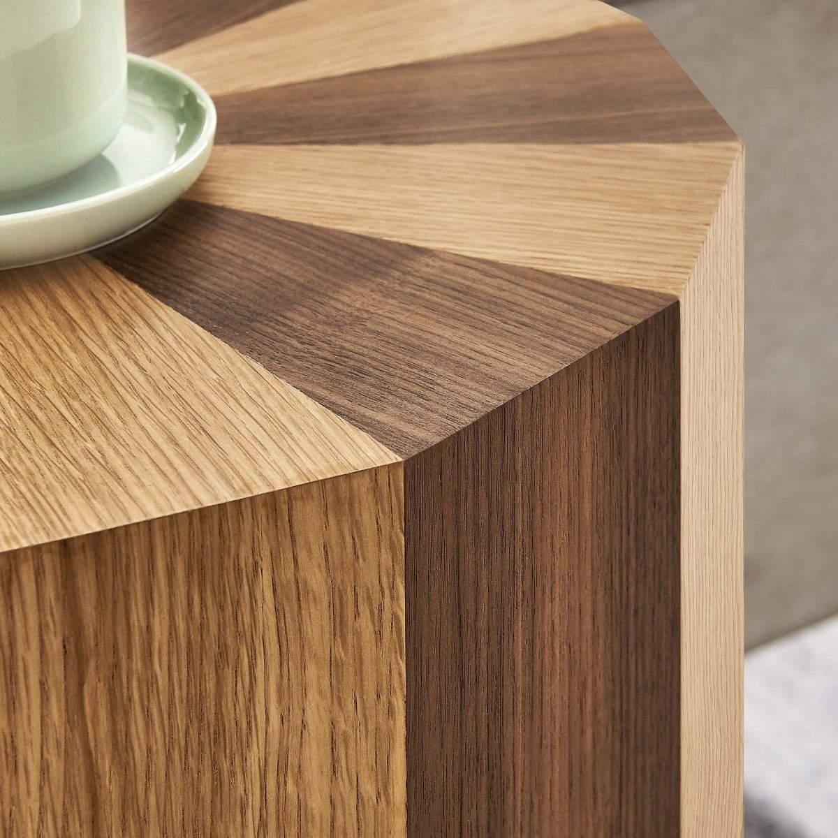 Round Two Tone Wood Veneer Side Table – Oak Walnut 18 Inch - End & Side Tables available at Alpine Outlets in Denver