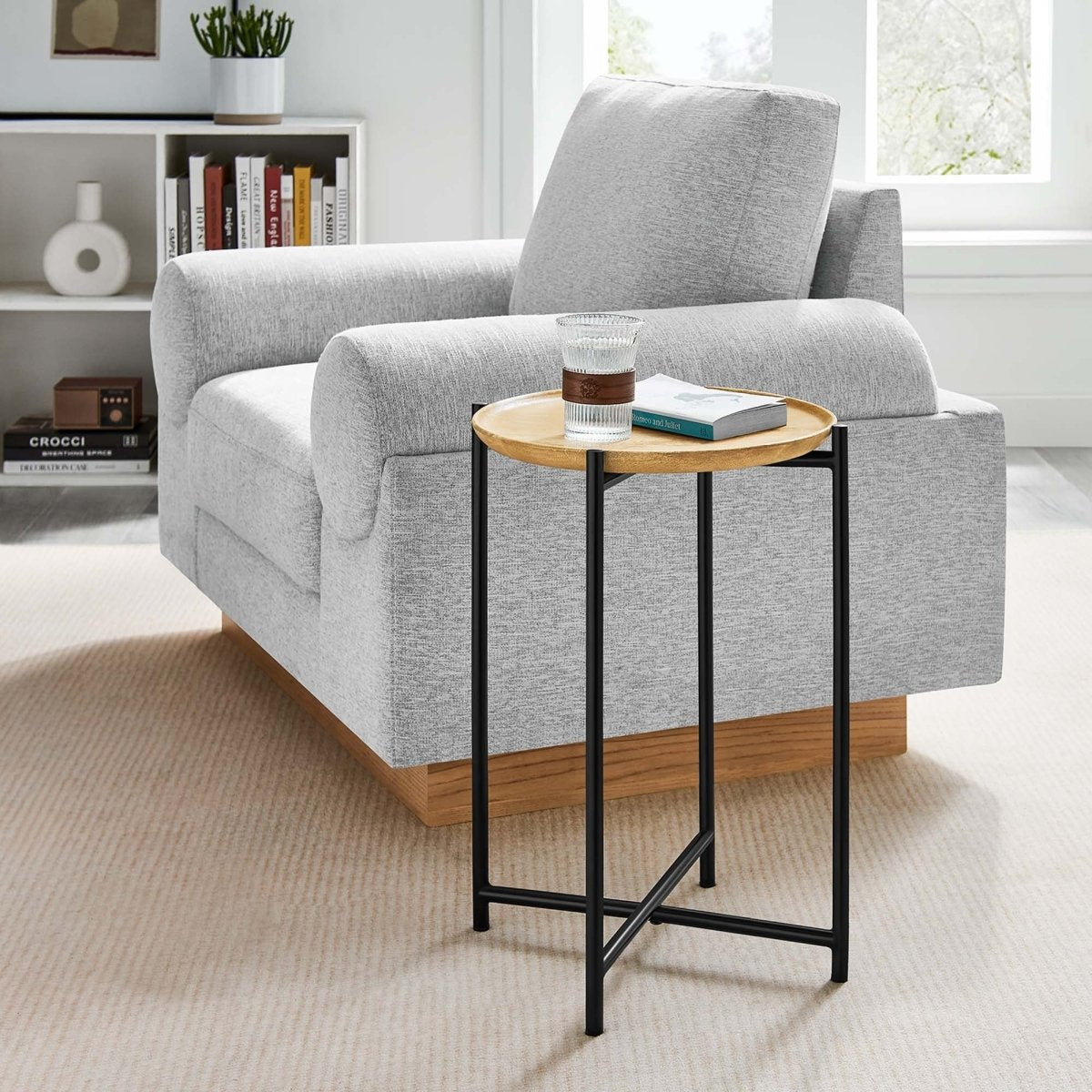 Round Wood and Metal Side Table – Oak 15 Inch - End & Side Tables available at Alpine Outlets in Denver