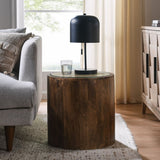 Round Wood Rattan Side Table with Glass Top – Walnut 18 Inch - End & Side Tables available at Alpine Outlets in Denver