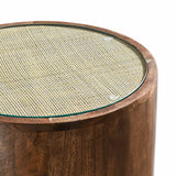 Round Wood Rattan Side Table with Glass Top – Walnut 18 Inch - End & Side Tables available at Alpine Outlets in Denver