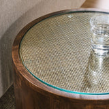 Round Wood Rattan Side Table with Glass Top – Walnut 18 Inch - End & Side Tables available at Alpine Outlets in Denver