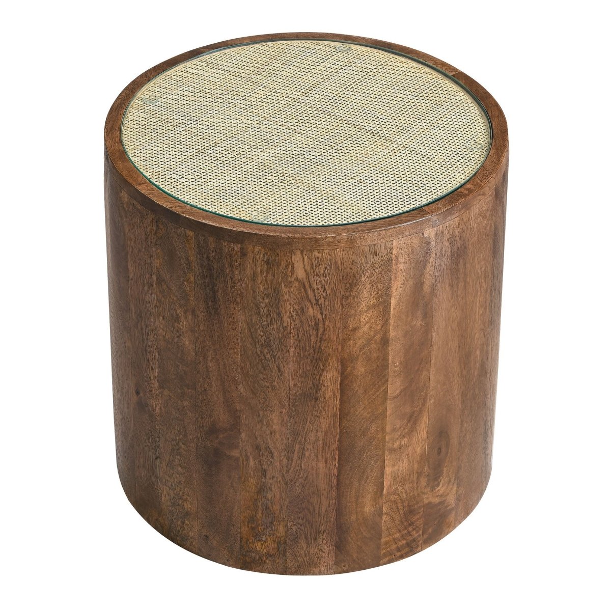 Round Wood Rattan Side Table with Glass Top – Walnut 18 Inch - End & Side Tables available at Alpine Outlets in Denver