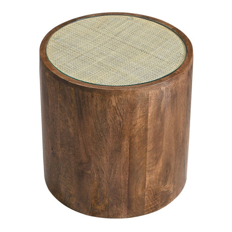 Round Wood Rattan Side Table with Glass Top – Walnut 18 Inch - End & Side Tables available at Alpine Outlets in Denver
