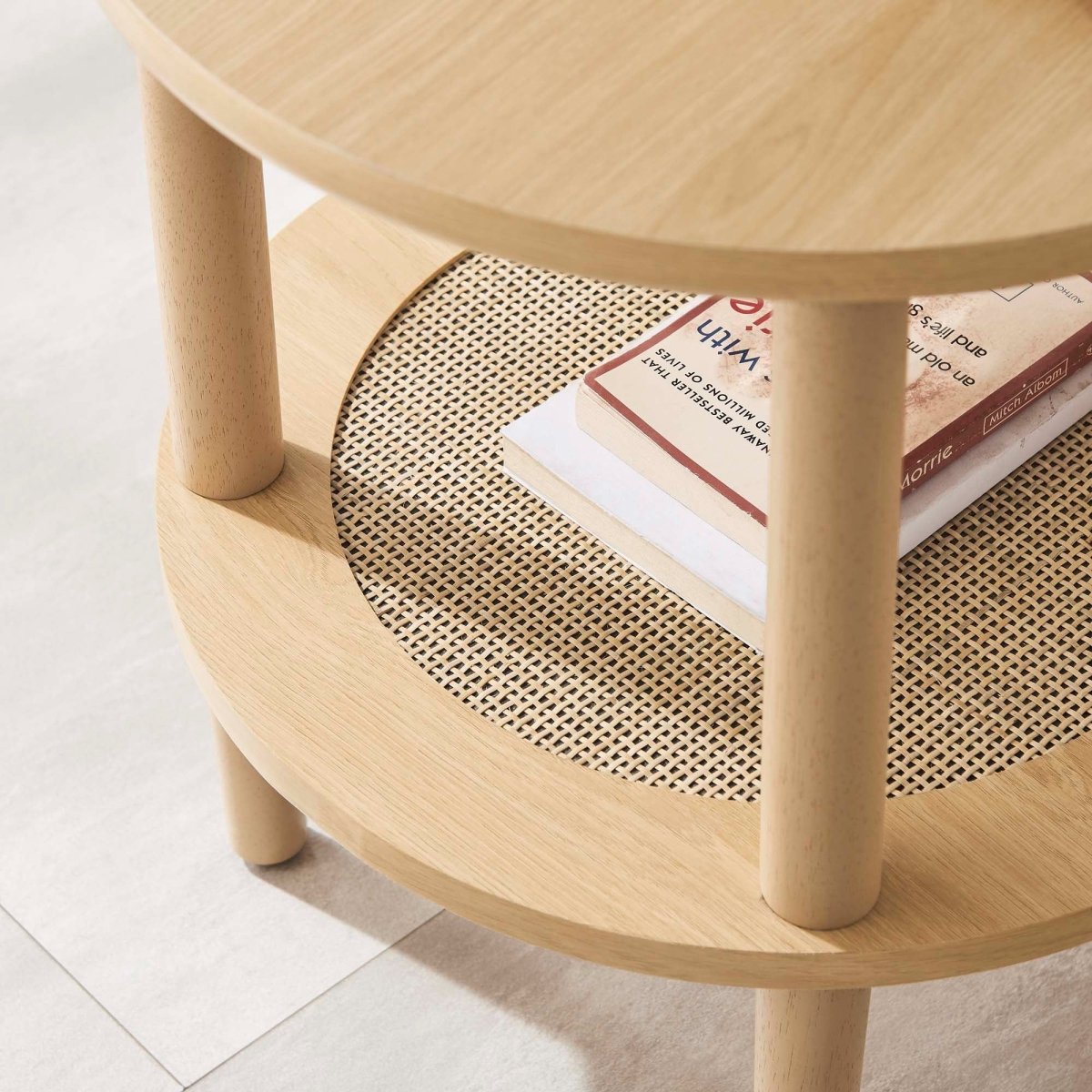 Round Wood Side Table with Rattan Shelf – 19 Inch - End & Side Tables available at Alpine Outlets in Denver