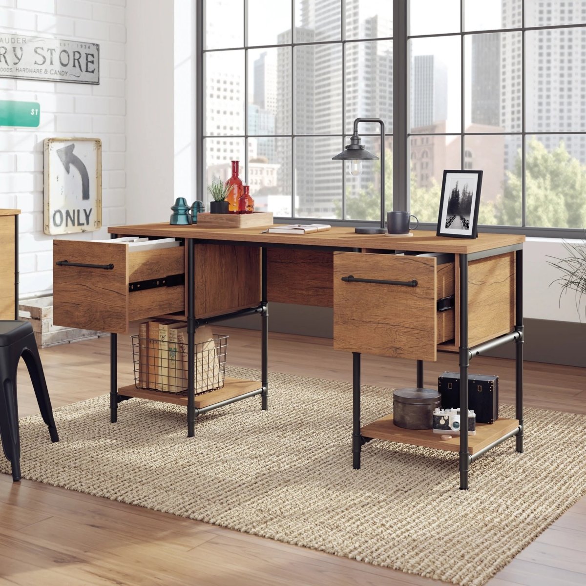 Sauder Iron City Industrial Double Pedestal Office Desk - Office Furniture available at Alpine Outlets in Denver