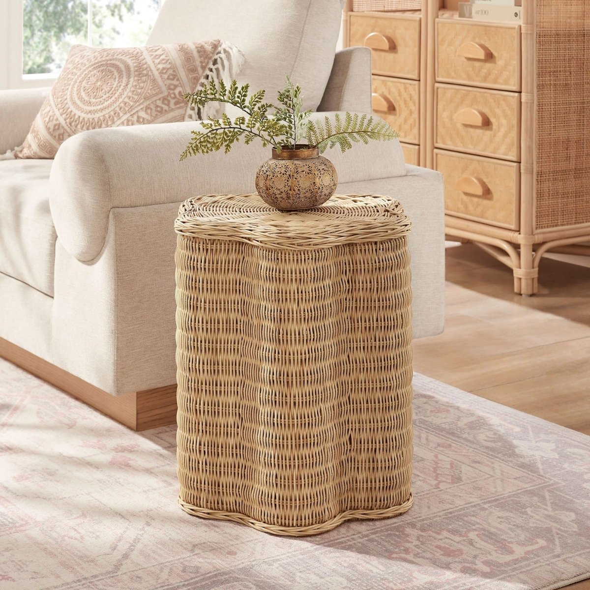 Scalloped Rattan Side Table Flower Design – Natural 17 Inch - End & Side Tables available at Alpine Outlets in Denver