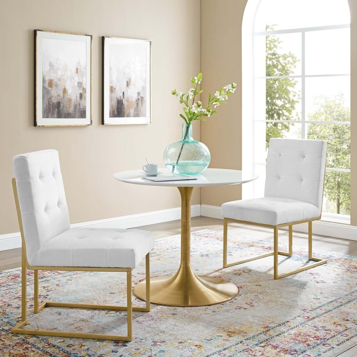 Set of 2 Biscuit Tufted Fabric Dining Accent Chairs with Gold Geometric Base - Dining Chairs available at Alpine Outlets in Denver