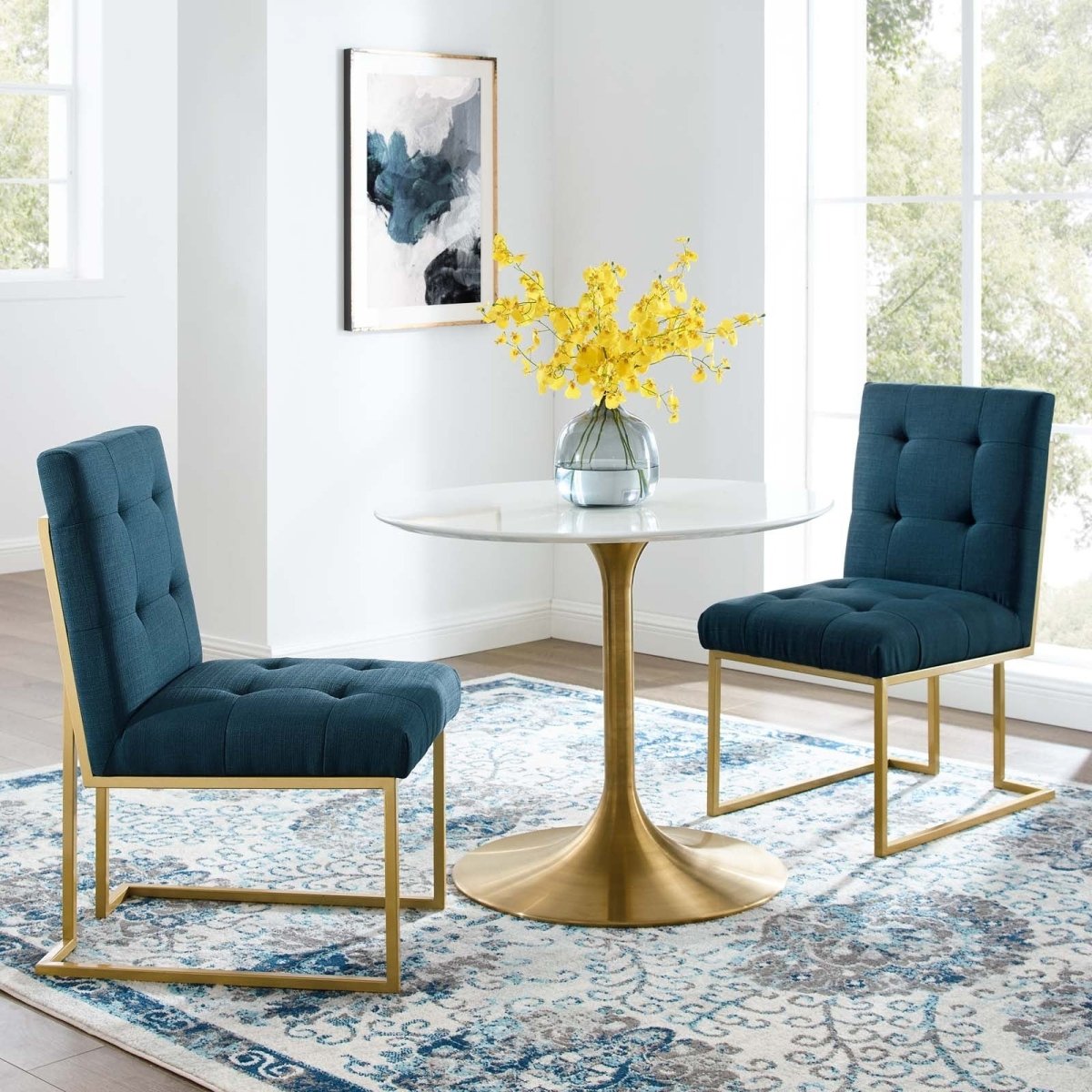 Set of 2 Biscuit Tufted Fabric Dining Accent Chairs with Gold Geometric Base - Dining Chairs available at Alpine Outlets in Denver